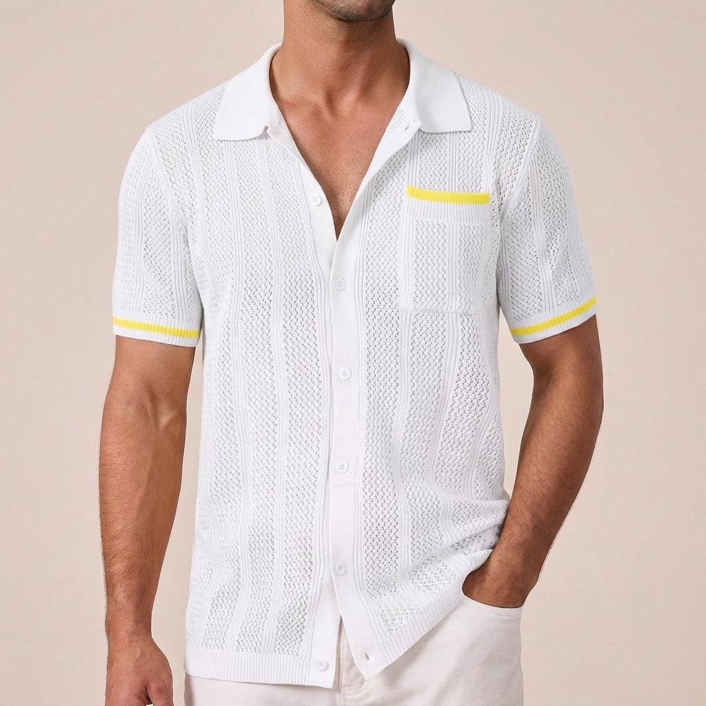 Men's Short-Sleeve Openwork Shirt - Casual Summer Camp Collar Button-Front Shirt with Contrast Tips