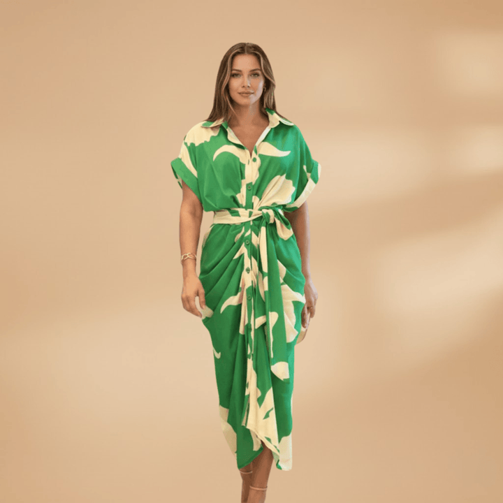 Collared Button-Up Tie Waist Midi Dress – Smart Casual