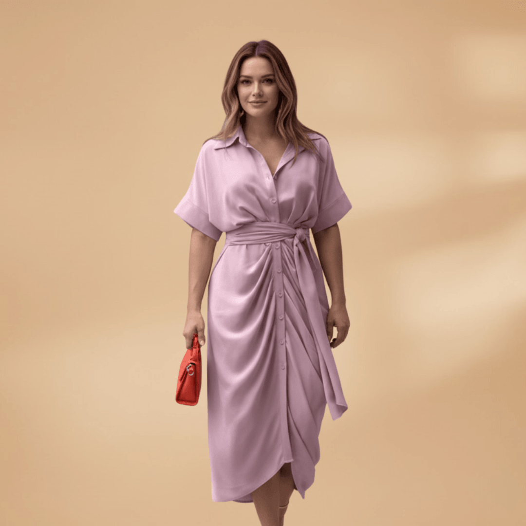 Collared Button-Up Tie Waist Midi Dress – Smart Casual