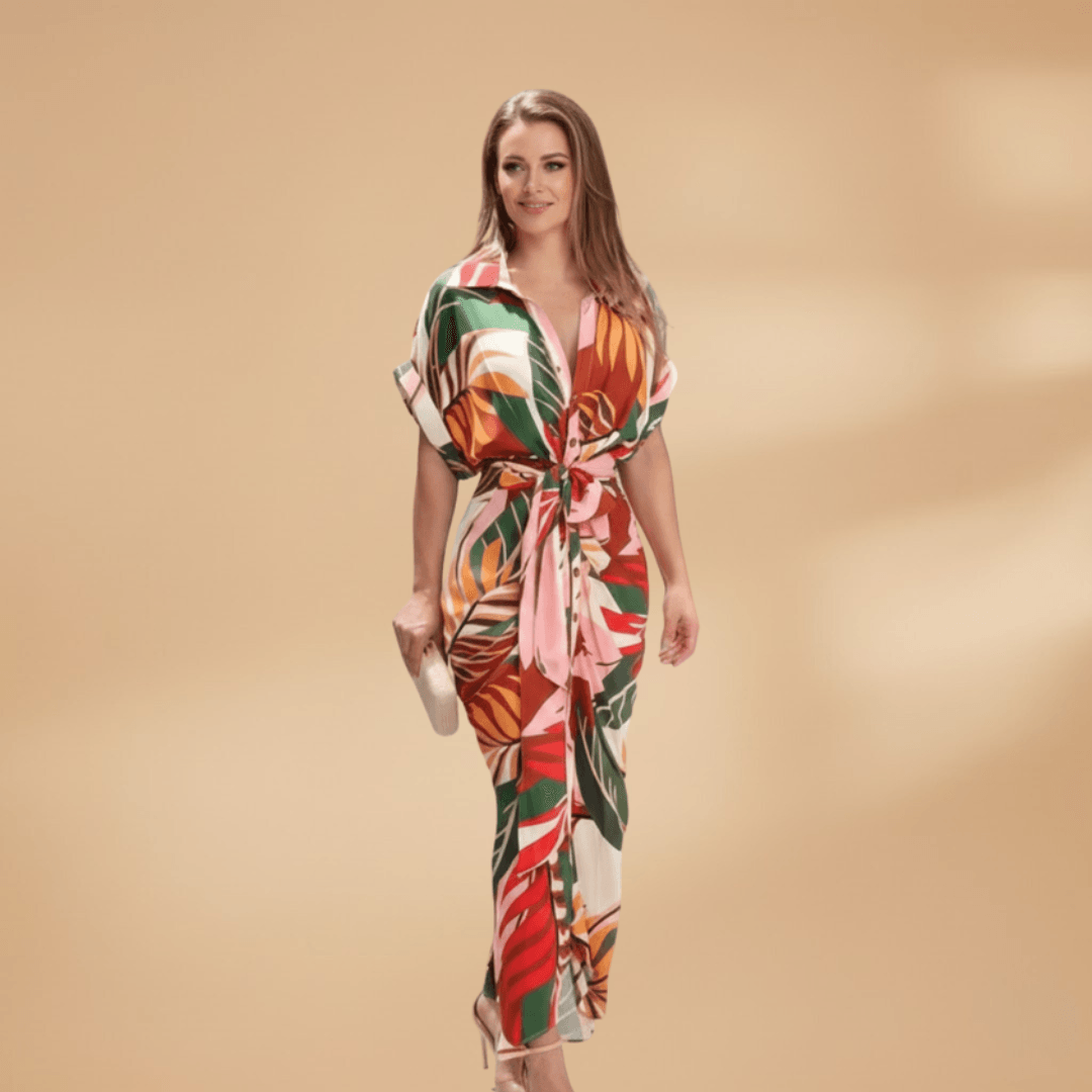 Collared Button-Up Tie Waist Midi Dress – Smart Casual