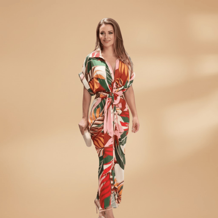 Collared Button-Up Tie Waist Midi Dress – Smart Casual