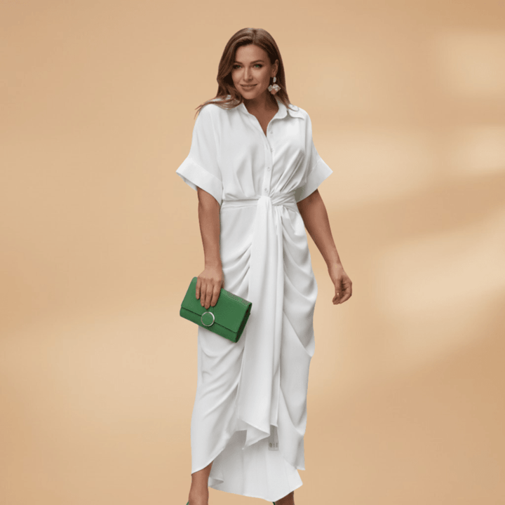 Collared Button-Up Tie Waist Midi Dress – Smart Casual