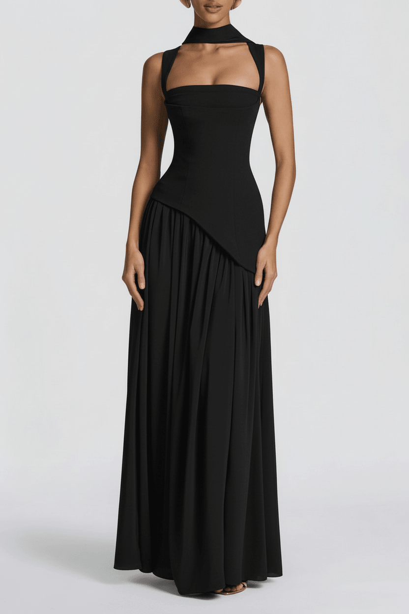 Women's Black Maxi Dress - Square Neck - High Slit