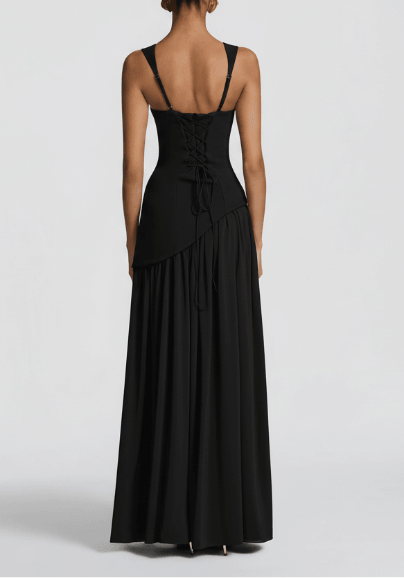 Women's Black Maxi Dress - Square Neck - High Slit