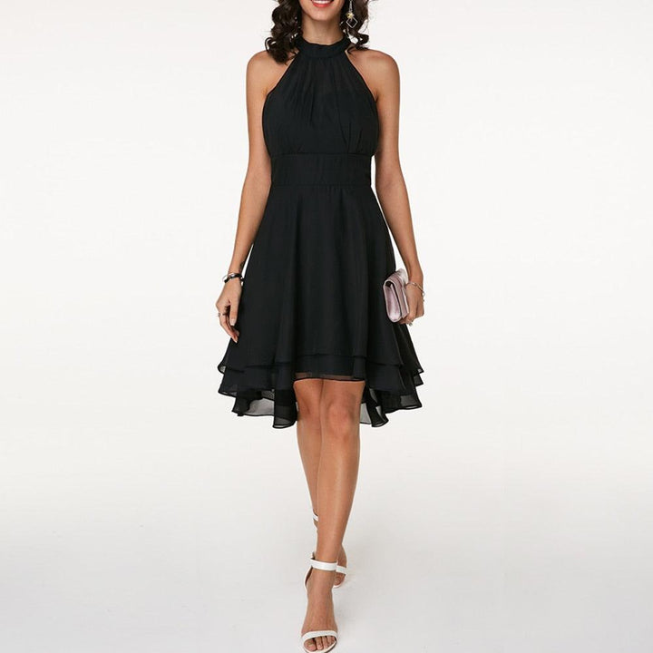 Women’s Halter Midi Dress – Flared Skirt with Ruffle Detailing