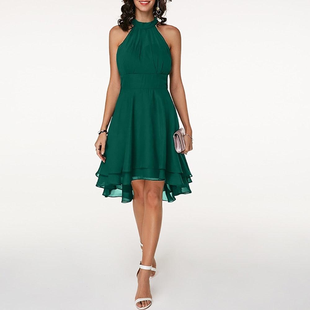 Women’s Halter Midi Dress – Flared Skirt with Ruffle Detailing