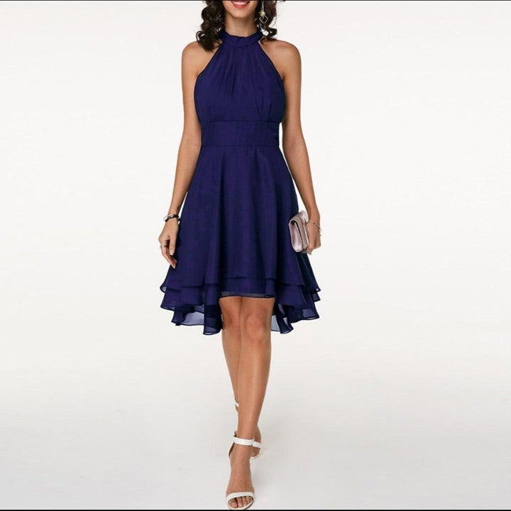 Women’s Halter Midi Dress – Flared Skirt with Ruffle Detailing