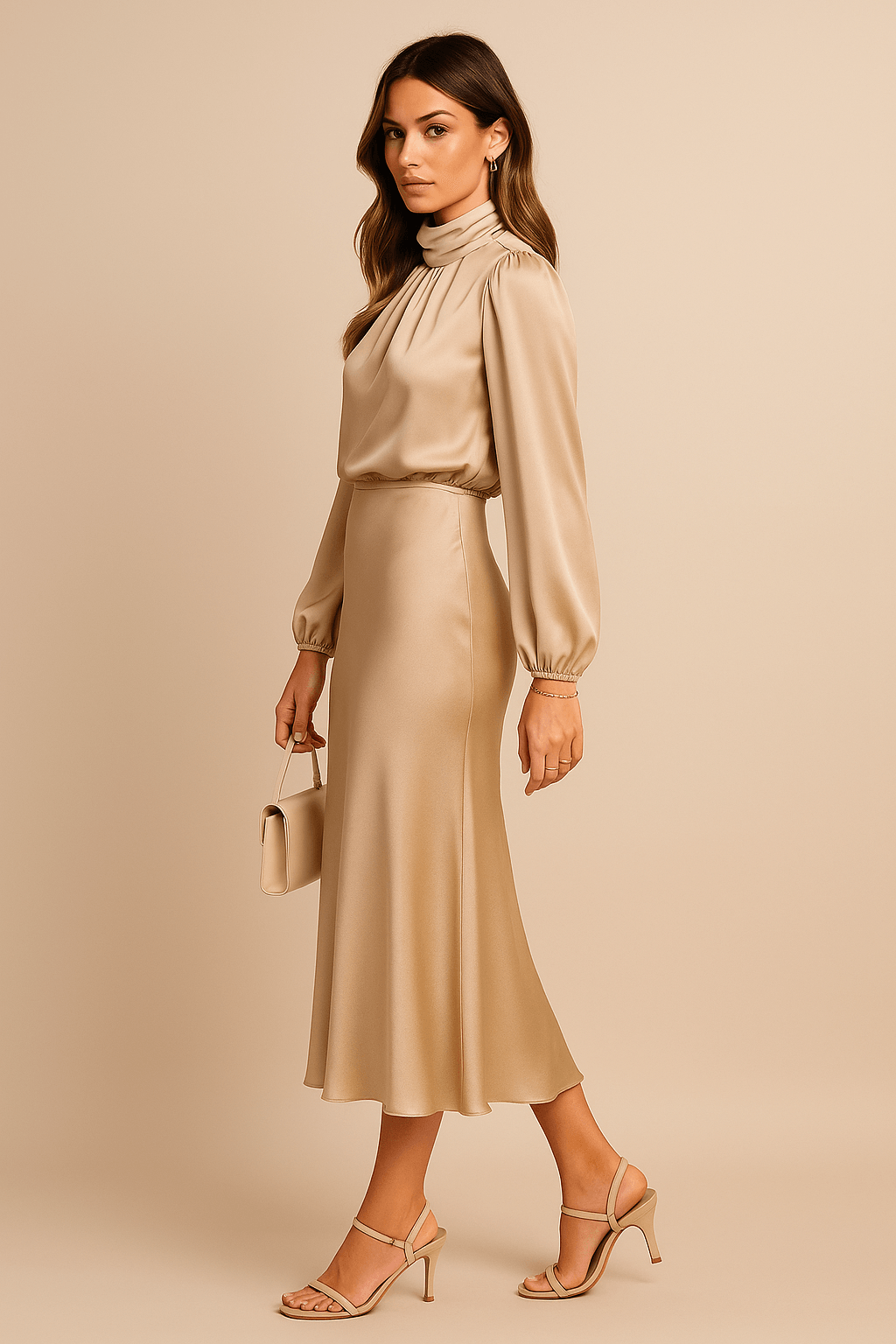 Women’s High Neck Midi Dress – Elegant High Waist Silhouette
