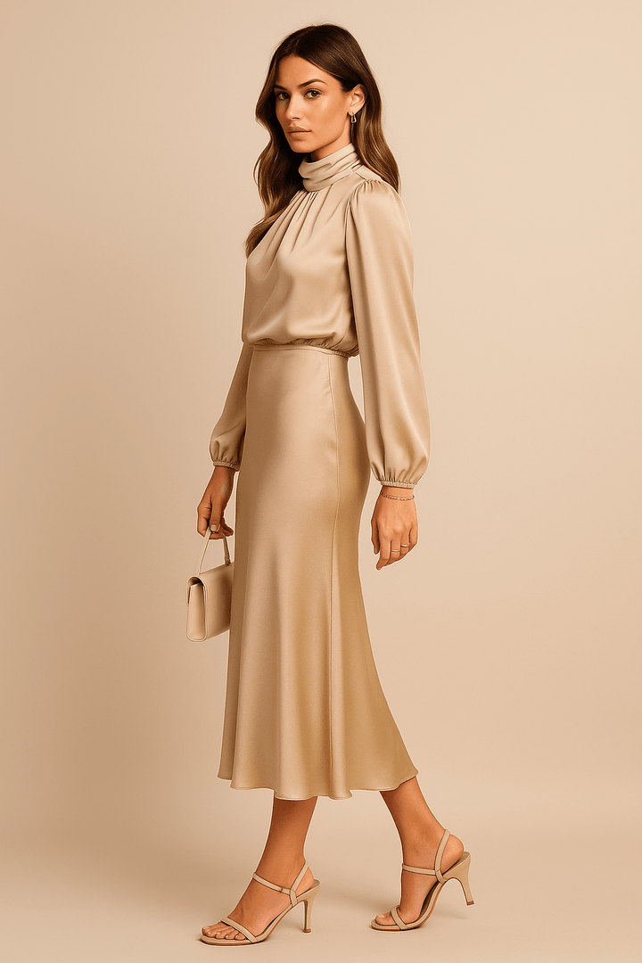 Women’s High Neck Midi Dress – Elegant High Waist Silhouette