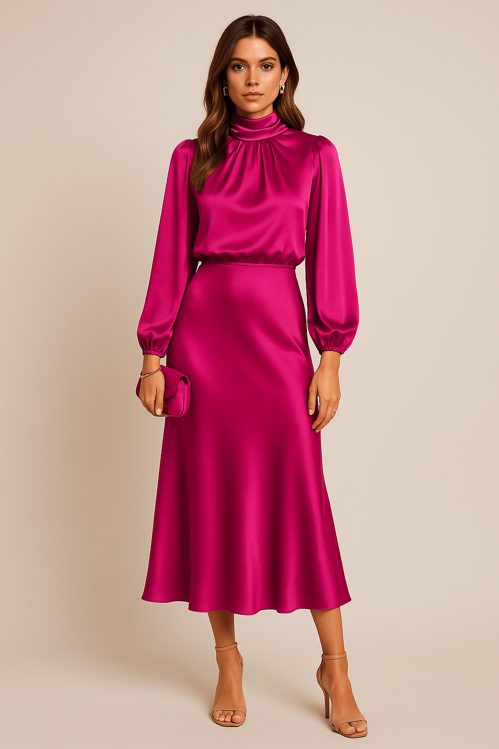Women’s High Neck Midi Dress – Elegant High Waist Silhouette