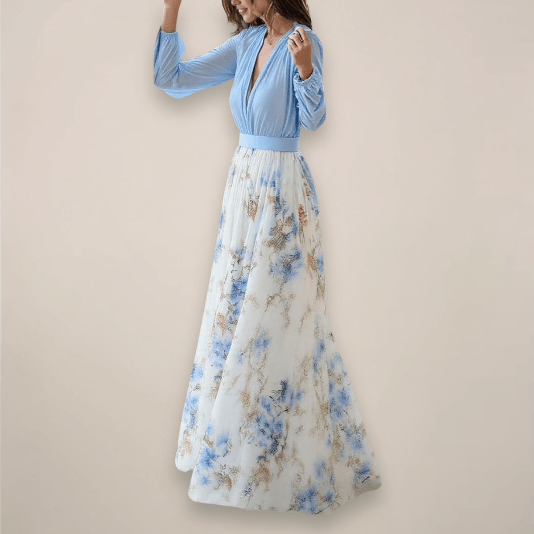 Women’s Long Sleeves Floral Maxi Dress – V-Neck Elegance