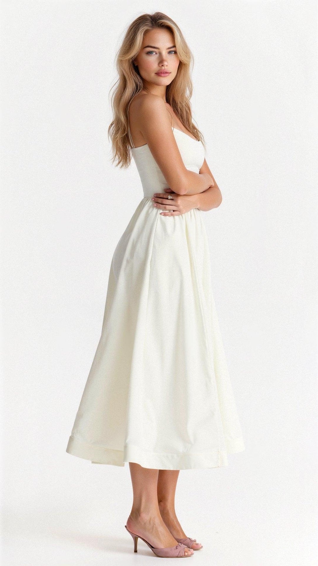 Women's Midi Dress - Spaghetti Strap Scoop Neck Gathered A-Line Skirt