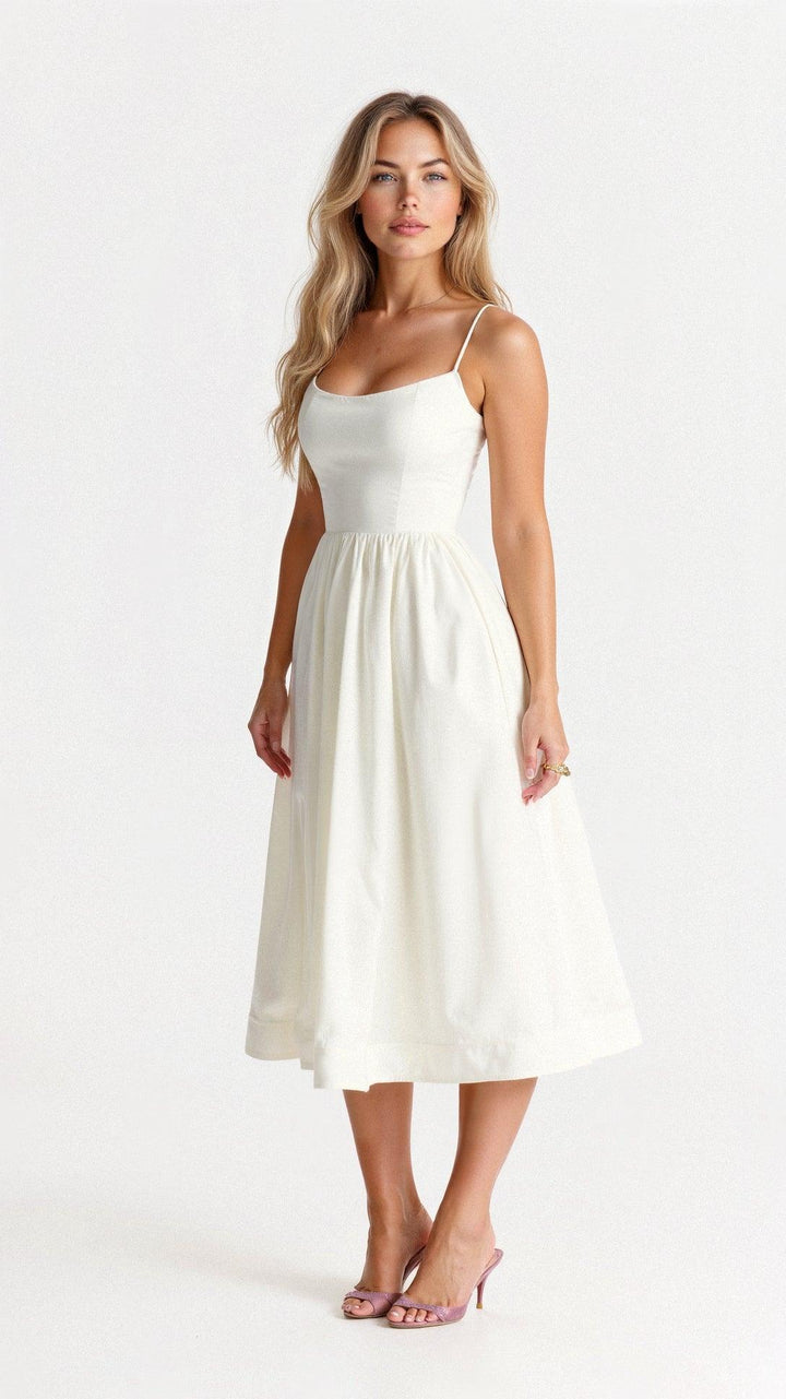 Women's Midi Dress - Spaghetti Strap Scoop Neck Gathered A-Line Skirt