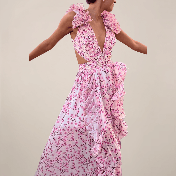 Women’s Plunging V-Neck Ruffled Sleeves Maxi Dress with Cut-Out Waist and High Slit