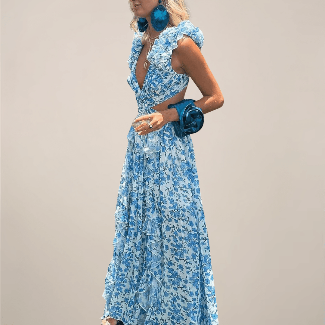 Women’s Plunging V-Neck Ruffled Sleeves Maxi Dress with Cut-Out Waist and High Slit