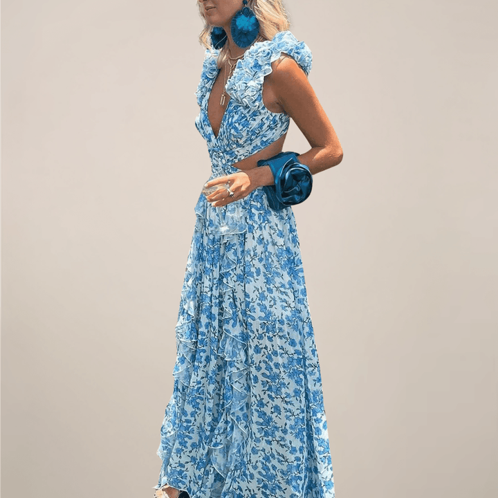 Women’s Plunging V-Neck Ruffled Sleeves Maxi Dress with Cut-Out Waist and High Slit
