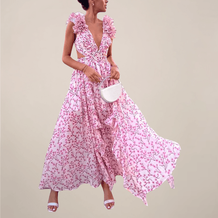 Women’s Plunging V-Neck Ruffled Sleeves Maxi Dress with Cut-Out Waist and High Slit
