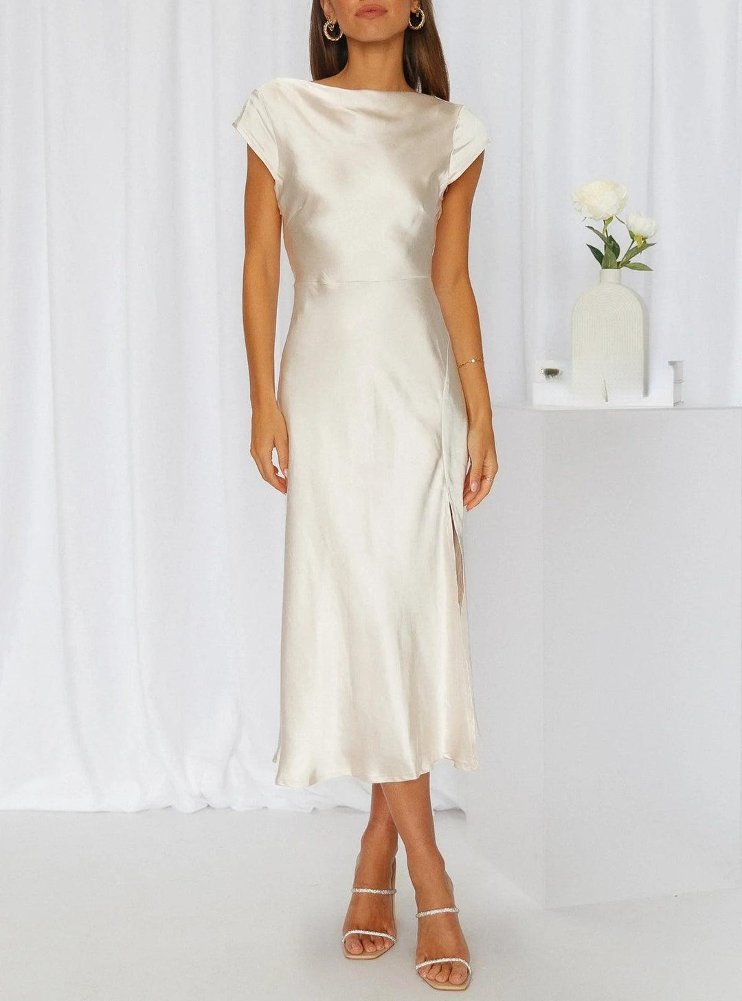 Women's Cap Sleeve Boat Neck Midi Dress - Side Slit Detail