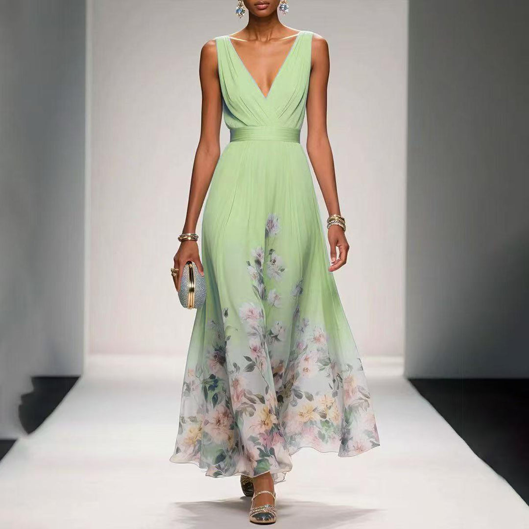 Women's Floral Border Print Sleeveless Maxi Dress - V-Neck