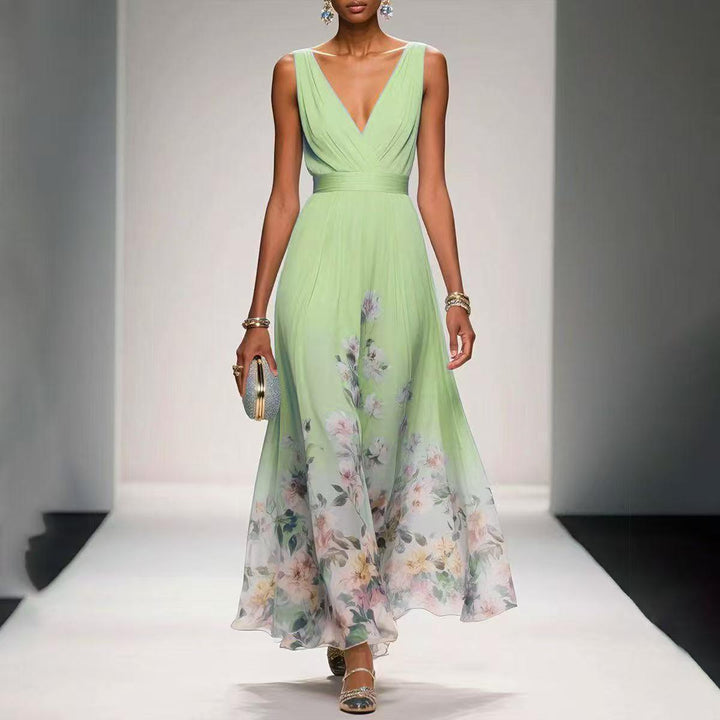 Women's Floral Border Print Sleeveless Maxi Dress - V-Neck
