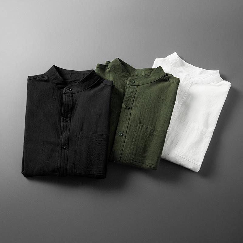 Men's Long-Sleeve Linen Blend Shirt - Band Collar Button-Down Chest Pocket Casual Style