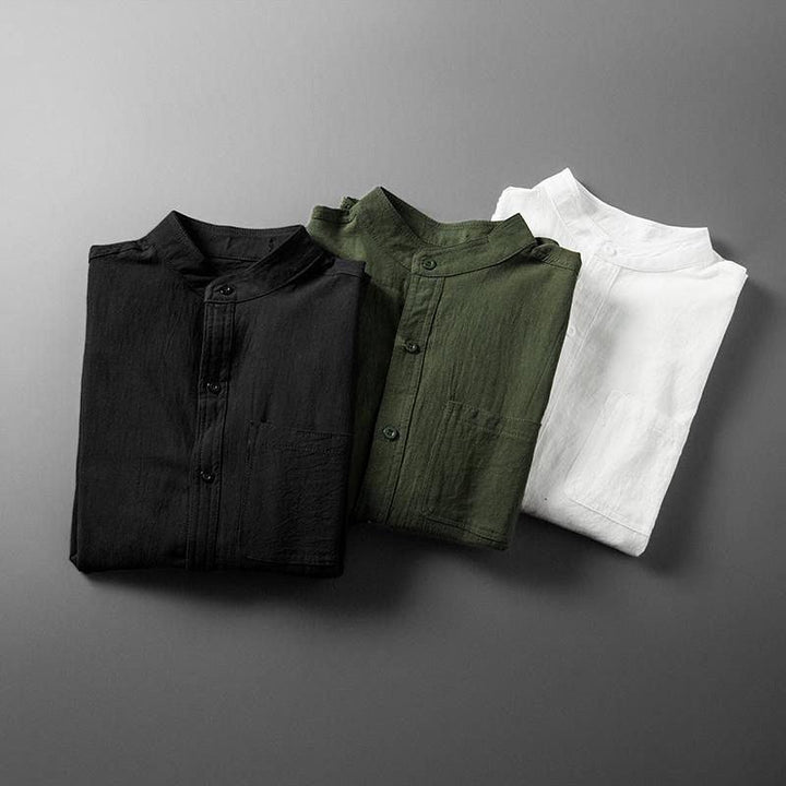 Men's Long-Sleeve Linen Blend Shirt - Band Collar Button-Down Chest Pocket Casual Style