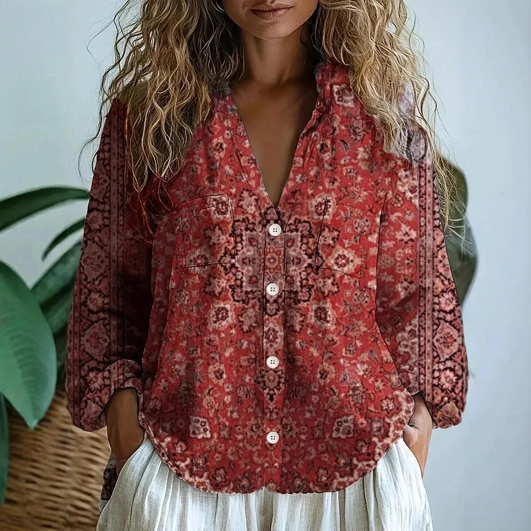 Autumn | Women’s Long Sleeve V Neck Printed Blouse