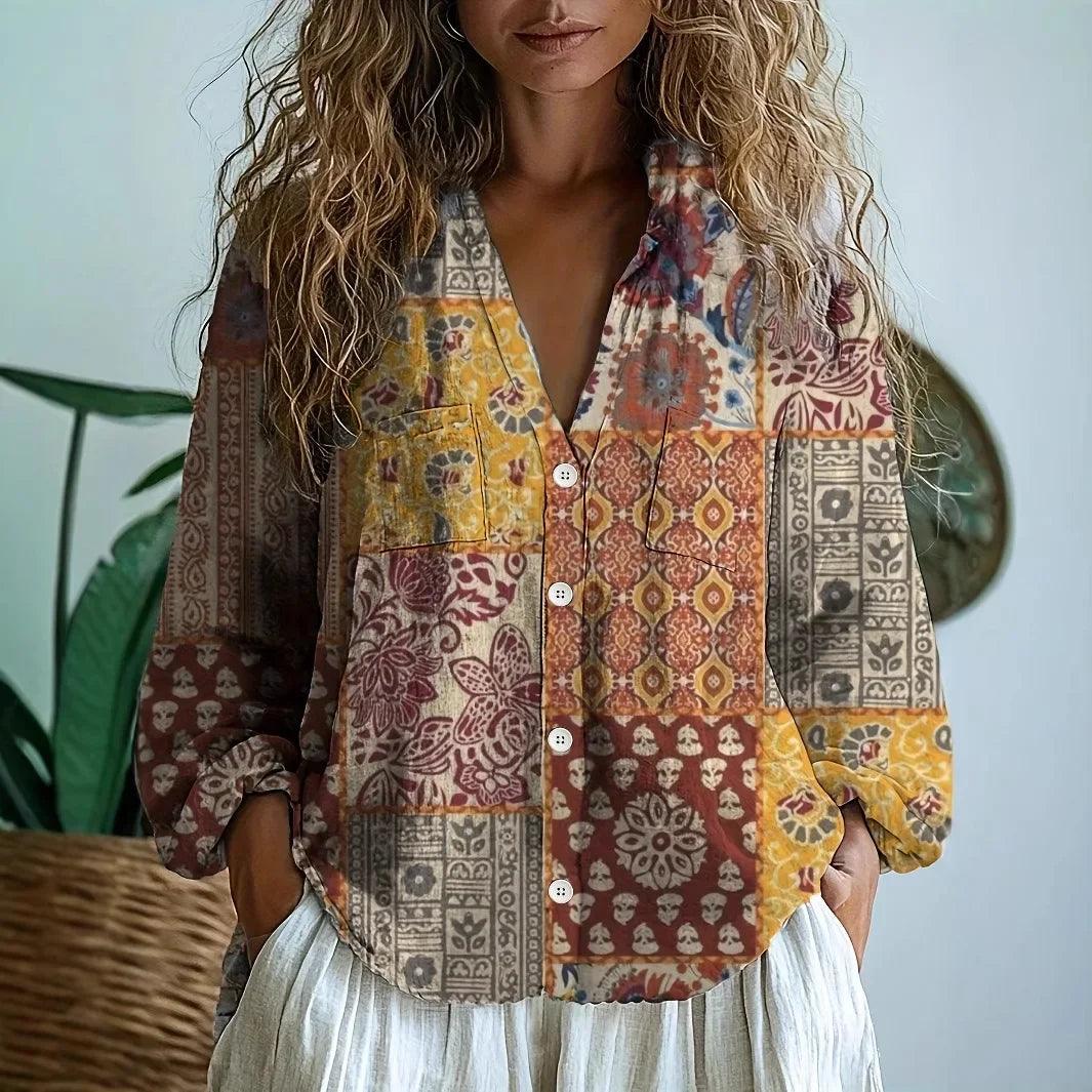Autumn | Women’s Long Sleeve V Neck Printed Blouse