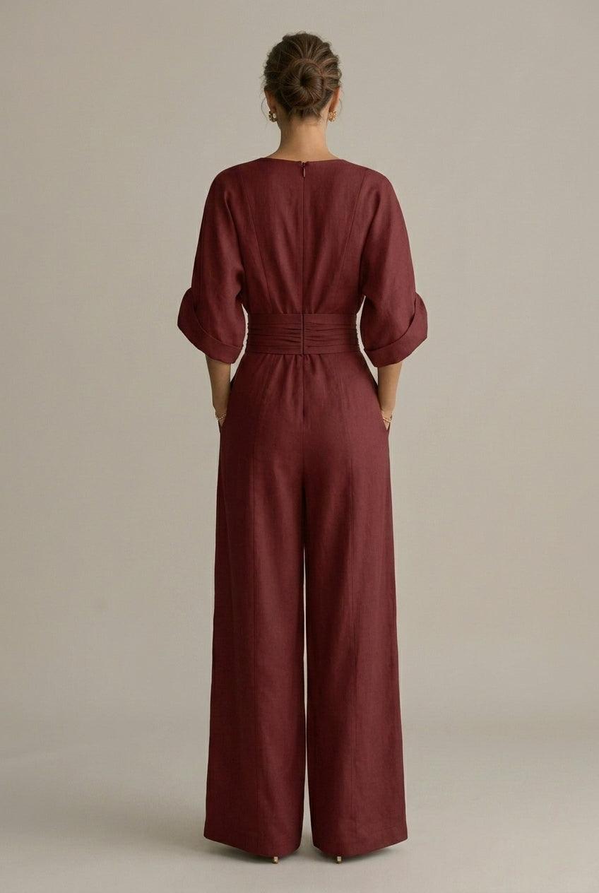Women's V-Neck Wrap Front Wide Leg Jumpsuit - Three Quarter Sleeve