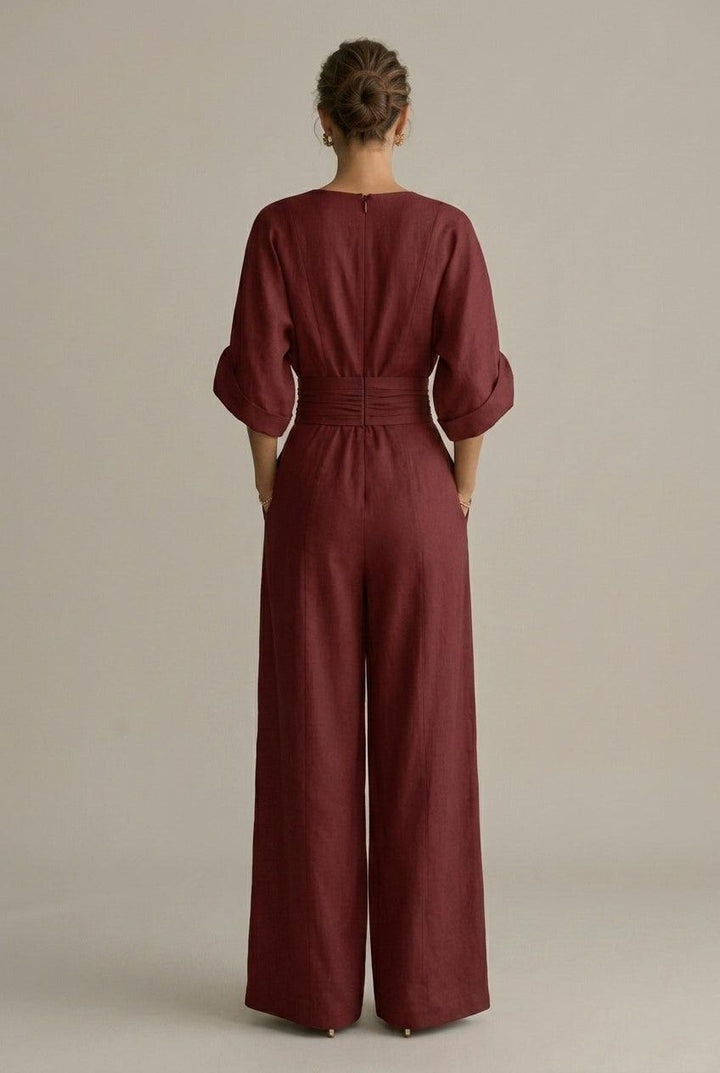 Women's V-Neck Wrap Front Wide Leg Jumpsuit - Three Quarter Sleeve