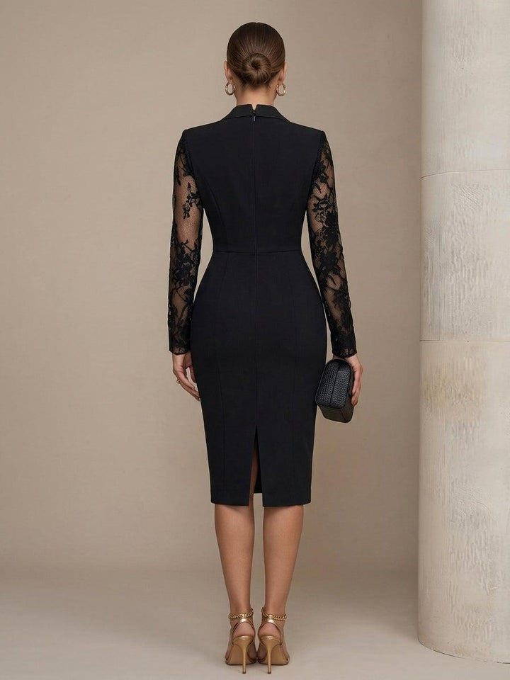 Women's Black Blazer Midi Dress - Shawl Collar Long Sleeve - Lace