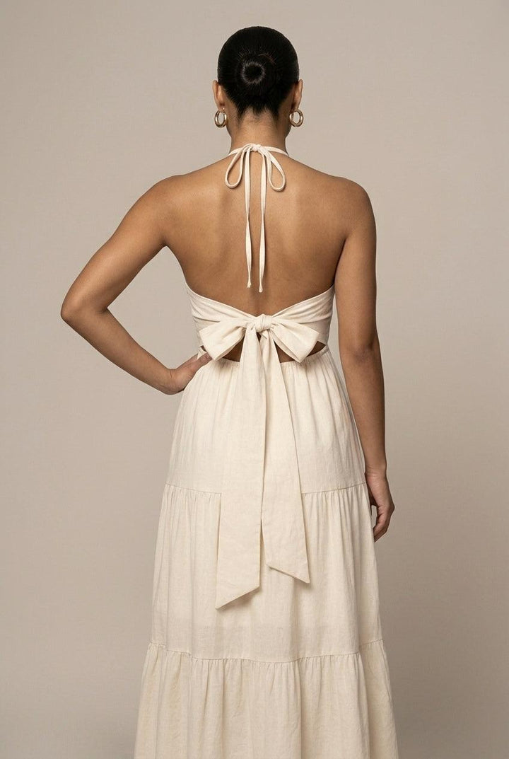 Women's Flowy Halter Neck Maxi Dress - Tiered Ruffle Open Back