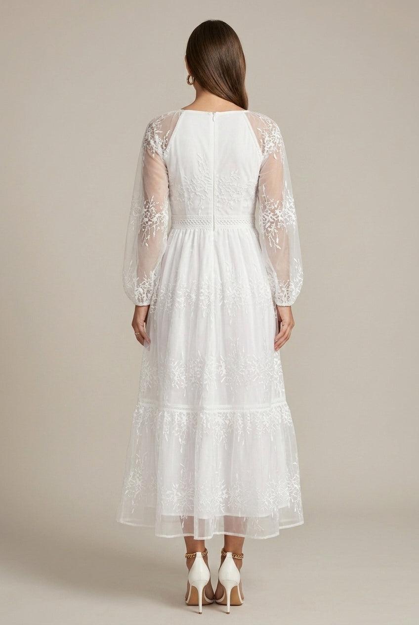 Women's V-Neck Long Sleeve Embroidered Lace Tiered Maxi Dress