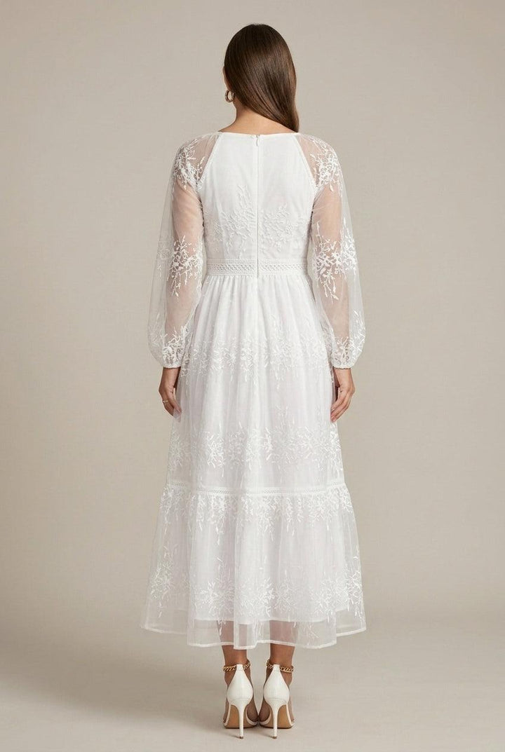 Women's V-Neck Long Sleeve Embroidered Lace Tiered Maxi Dress