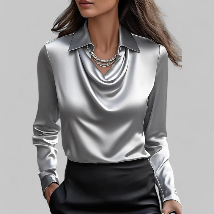 Bethany | Women’s Long Sleeve Draped V Neck Collared Blouse