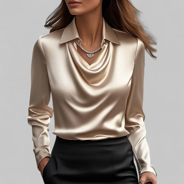 Bethany | Women’s Long Sleeve Draped V Neck Collared Blouse