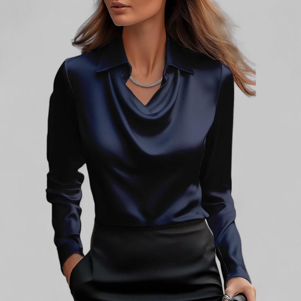 Bethany | Women’s Long Sleeve Draped V Neck Collared Blouse