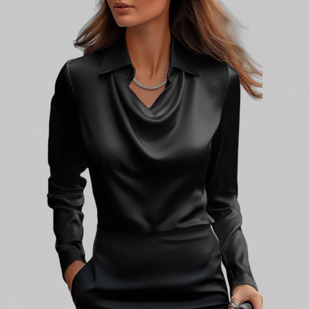 Bethany | Women’s Long Sleeve Draped V Neck Collared Blouse