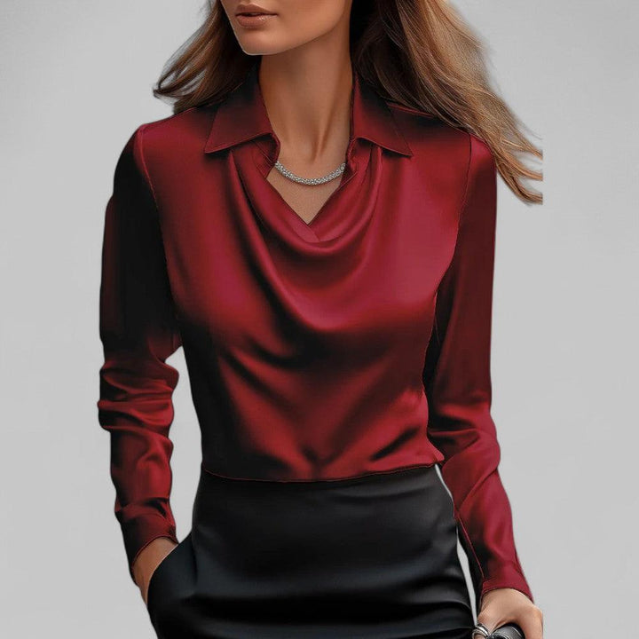 Bethany | Women’s Long Sleeve Draped V Neck Collared Blouse