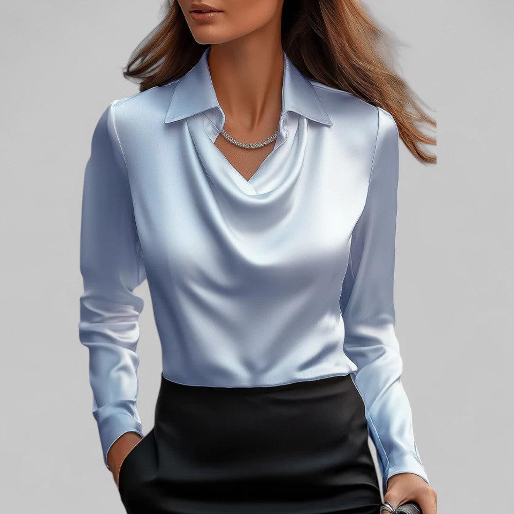 Bethany | Women’s Long Sleeve Draped V Neck Collared Blouse