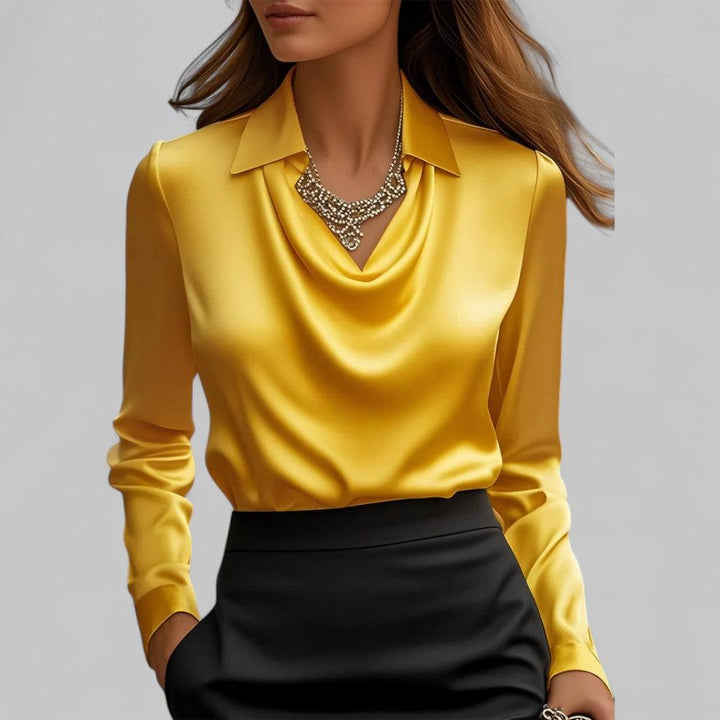 Bethany | Women’s Long Sleeve Draped V Neck Collared Blouse
