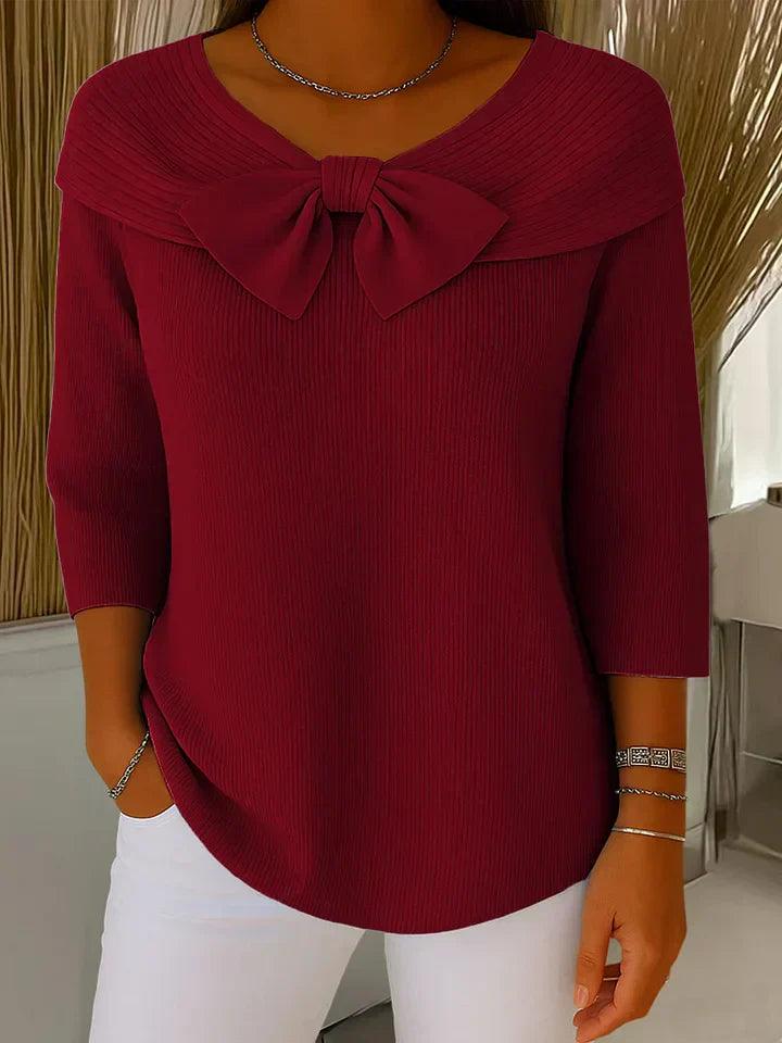 Blessing | Women’s Ribbed Bow Detail Boat Neck Blouse