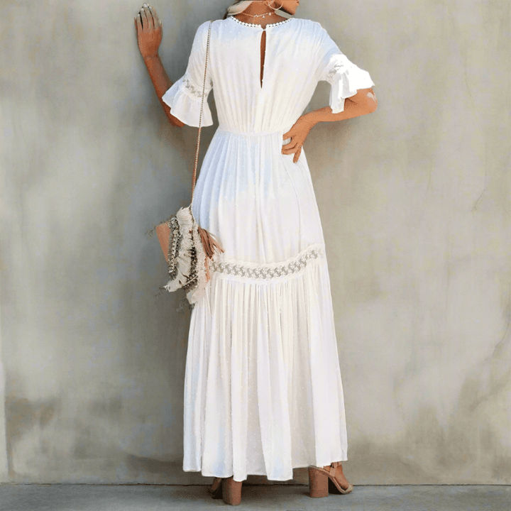 Women's Lace Flutter Sleeve Maxi Dress - Deep V-Neck with Lace Trim Panels and Scalloped Hem