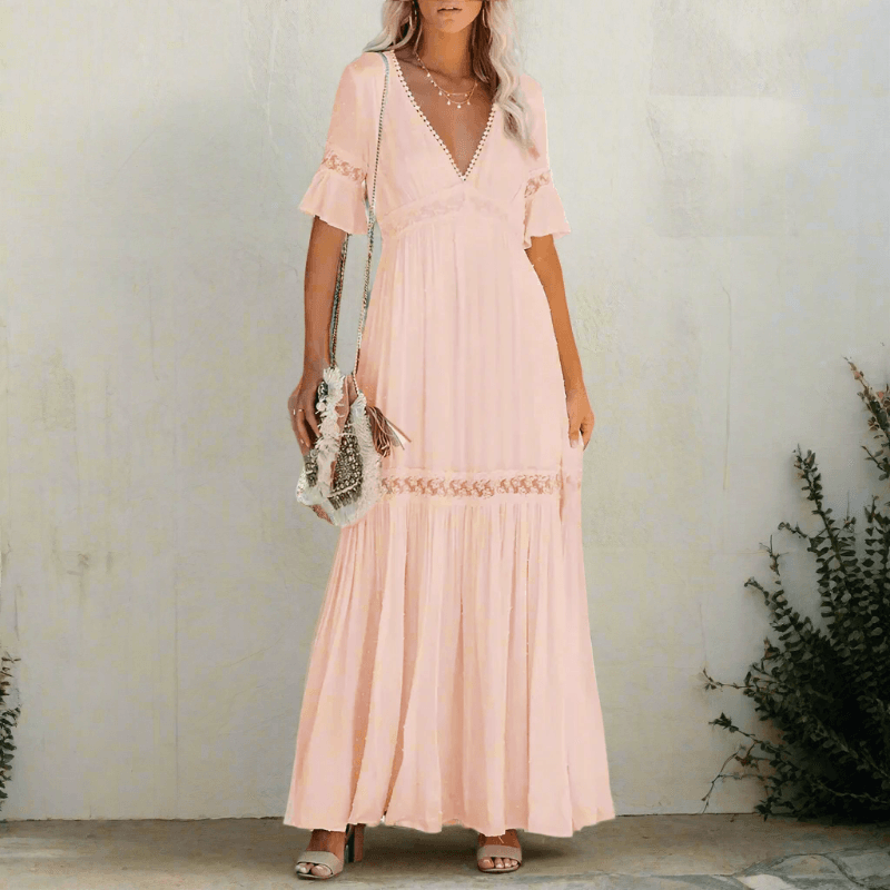 Women's Lace Flutter Sleeve Maxi Dress - Deep V-Neck with Lace Trim Panels and Scalloped Hem