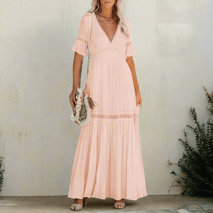 Women's Lace Flutter Sleeve Maxi Dress - Deep V-Neck with Lace Trim Panels and Scalloped Hem