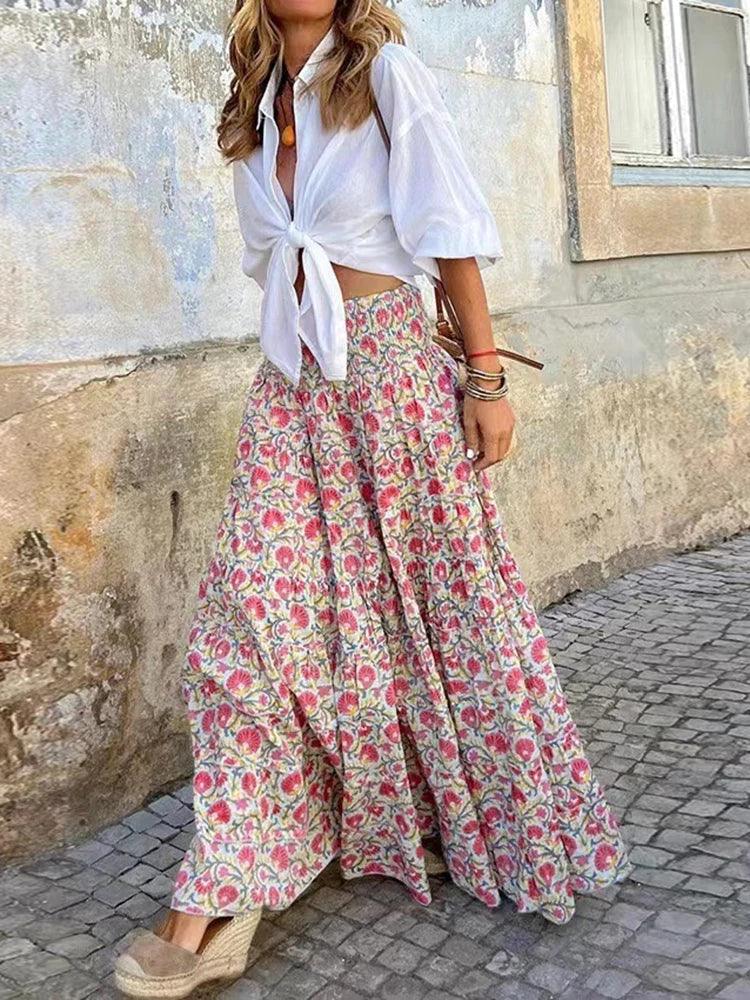 Floral A-Line Boho Chic Maxi Skirt – High Waist
