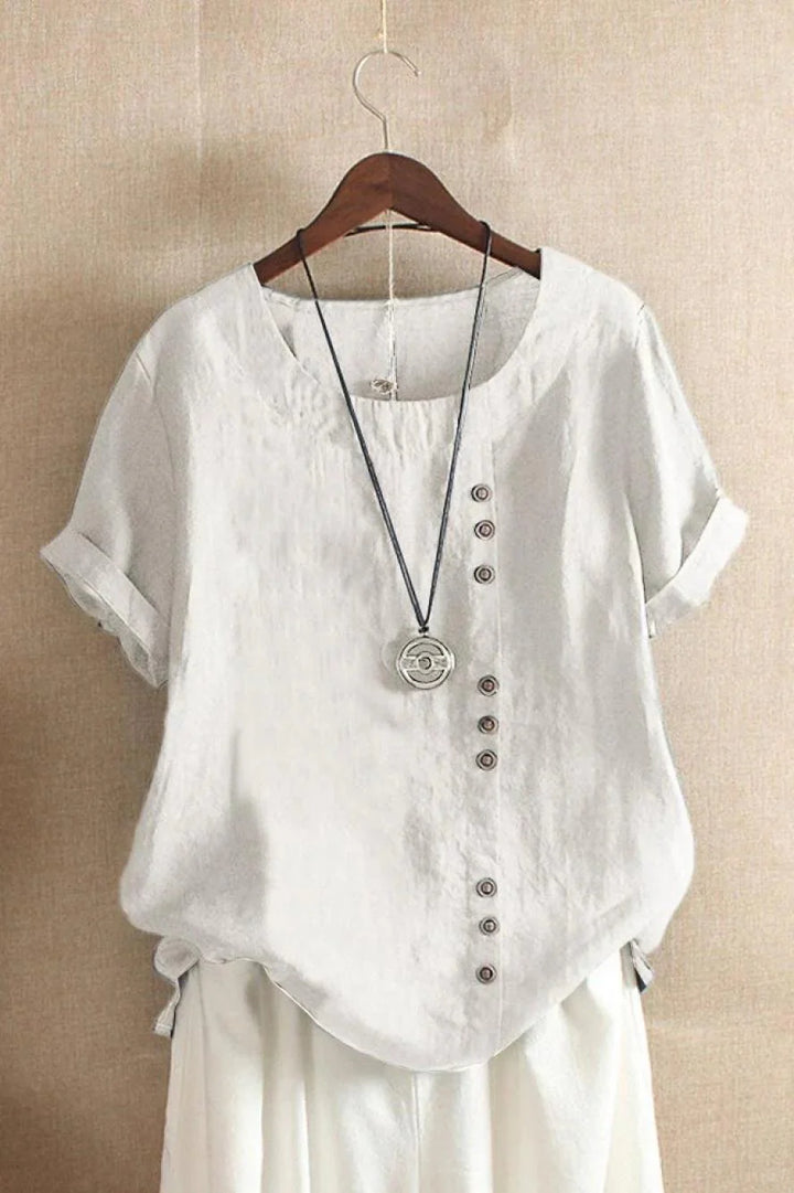 Bonita | Women’s Round Neck Short Sleeve Button Detail Top