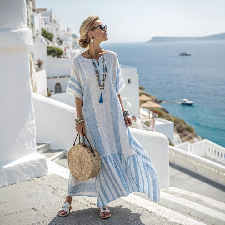 Women's Boho Maxi Dress - V-Neck Wide Sleeve Kaftan with Stripe Trim