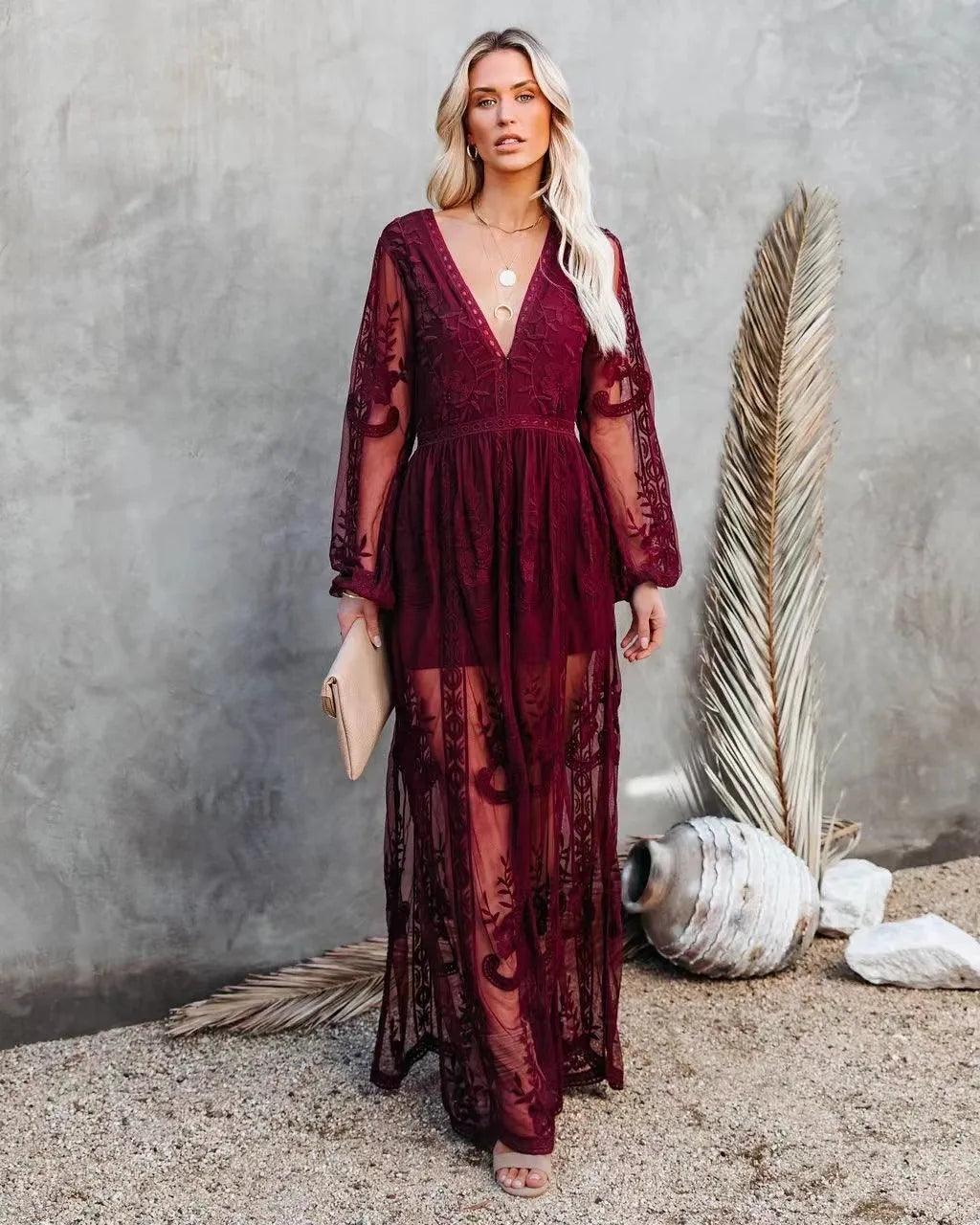 Women’s Long Sleeve Sheer Lace Maxi Dress with Deep V-Neck and High Slit