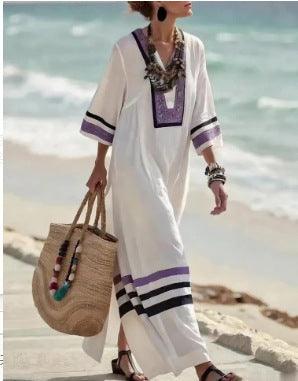 Women's Boho Maxi Dress - V-Neck Wide Sleeve Kaftan with Stripe Trim